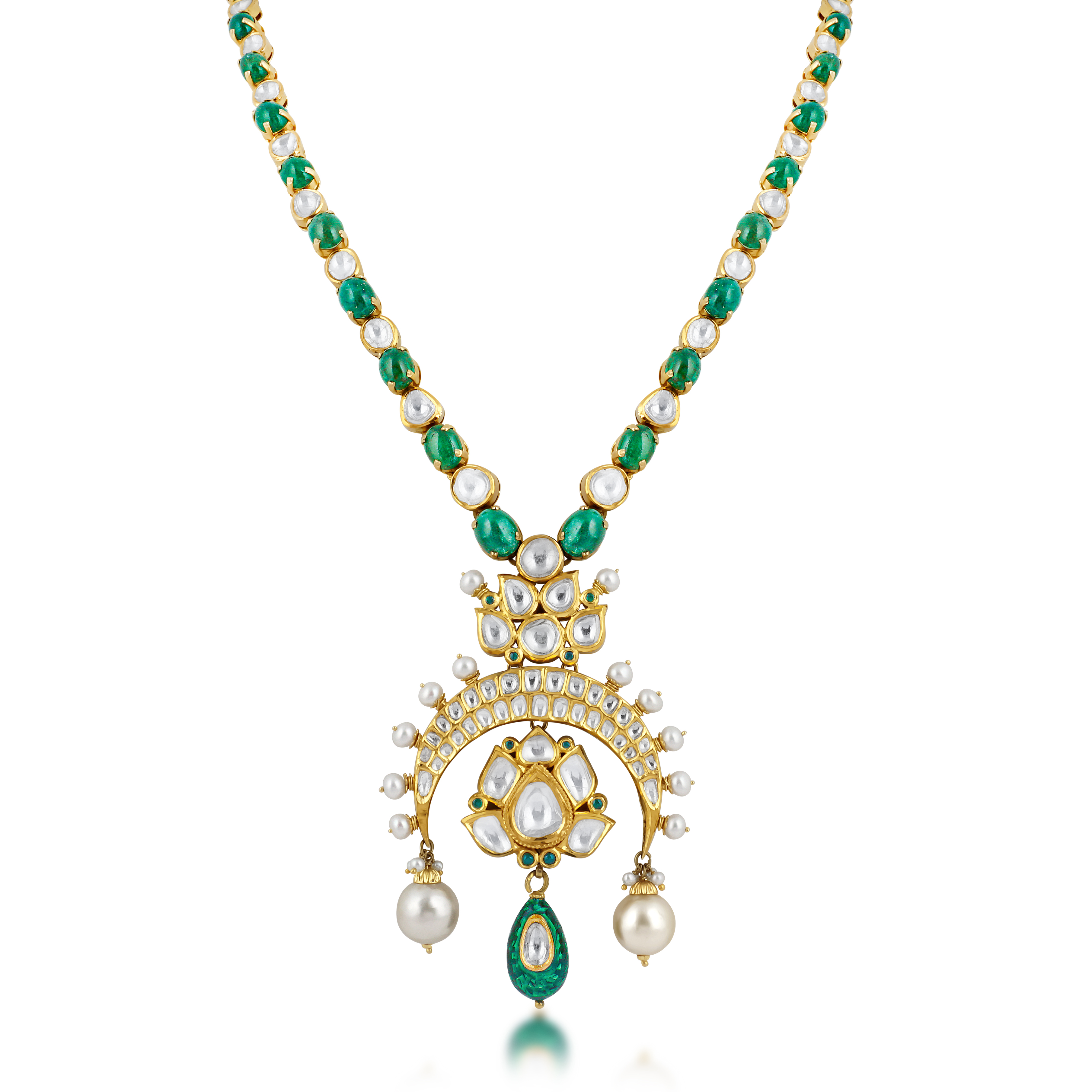 Inverted Chand Polki Necklace with Emeralds and Pearls